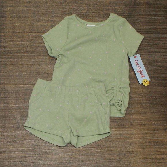 NWT Cat & Jack Dot Ribbed Cinched Short Sleeve Top and Shorts Set 2T Power Sage - Picture 2 of 4